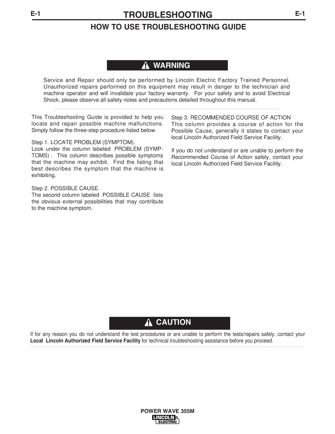 Lincoln Electric IM845-A manual HOW to USE Troubleshooting Guide 