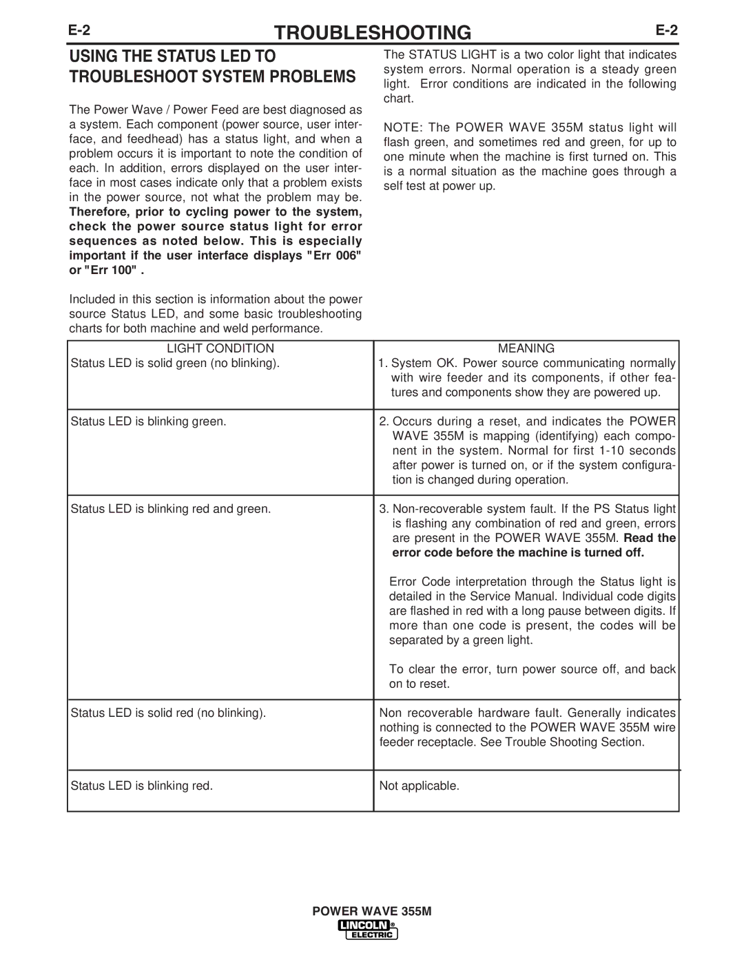 Lincoln Electric IM845-A manual Using the Status LED to, Error code before the machine is turned off 