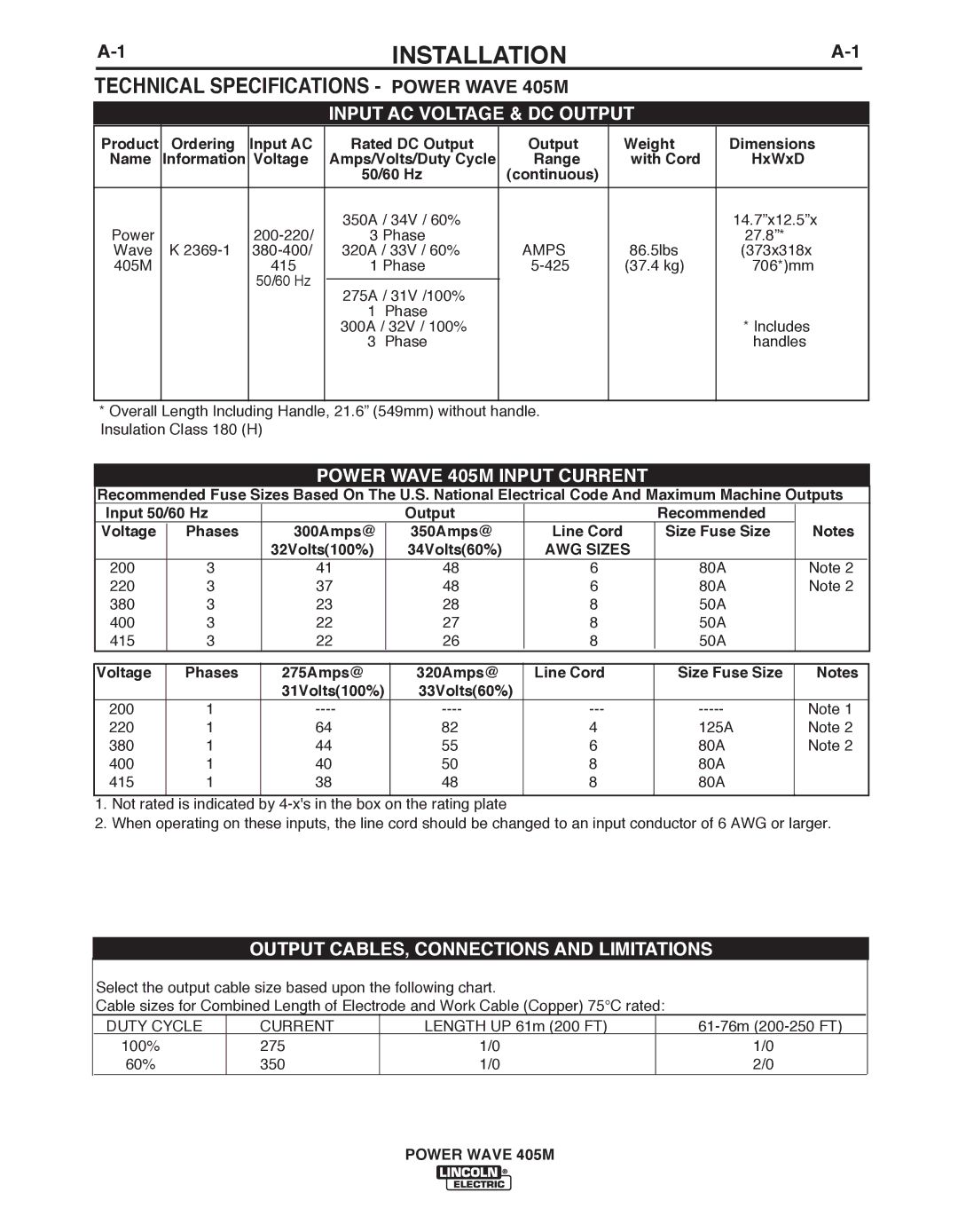 Lincoln Electric IM846-A manual Installation, Technical Specifications Power Wave 405M, Information 