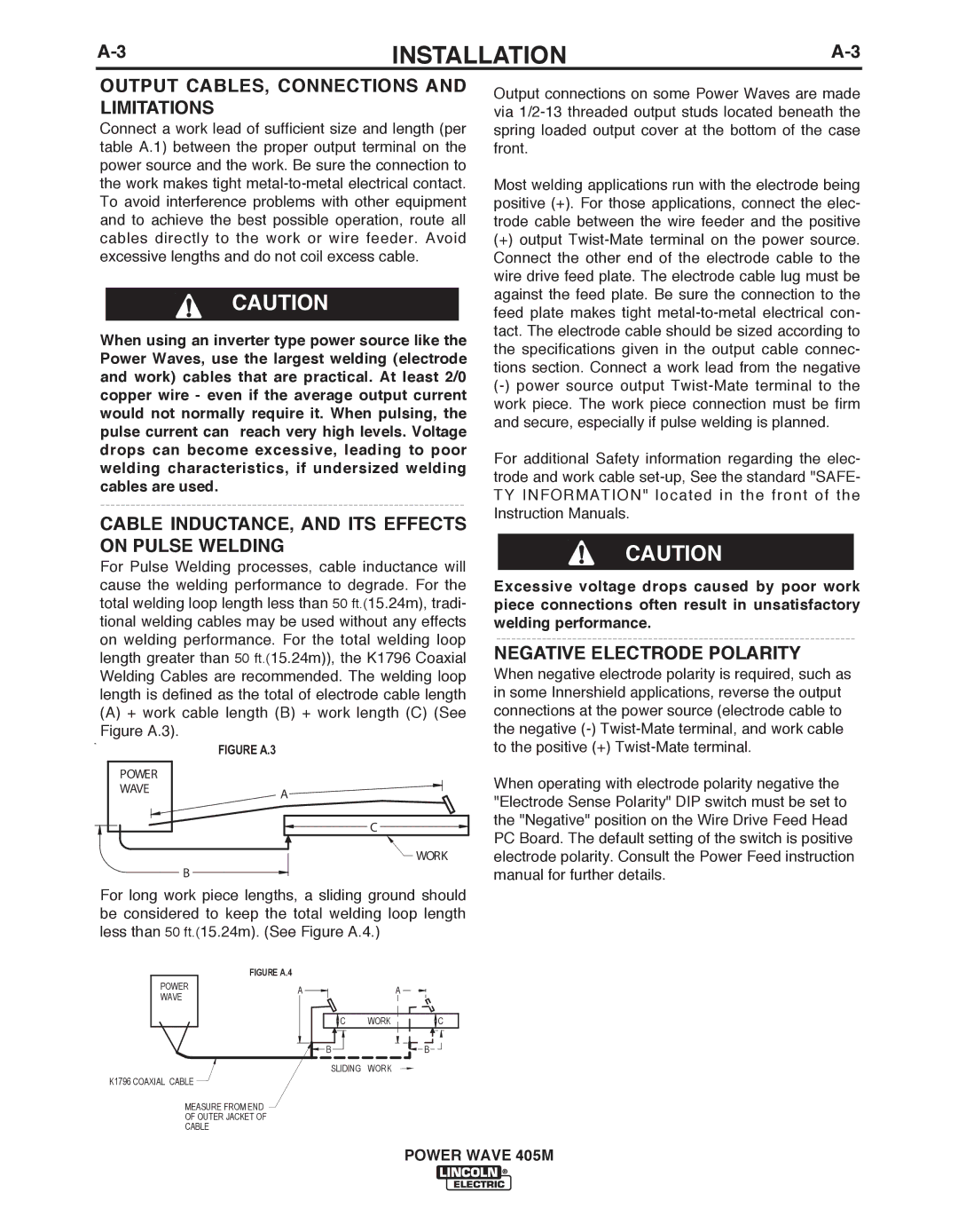 Lincoln Electric IM846-A Output CAbLES, Connections and Limitations, CAbLE INDUCTANCE, and ITS Effects on Pulse Welding 