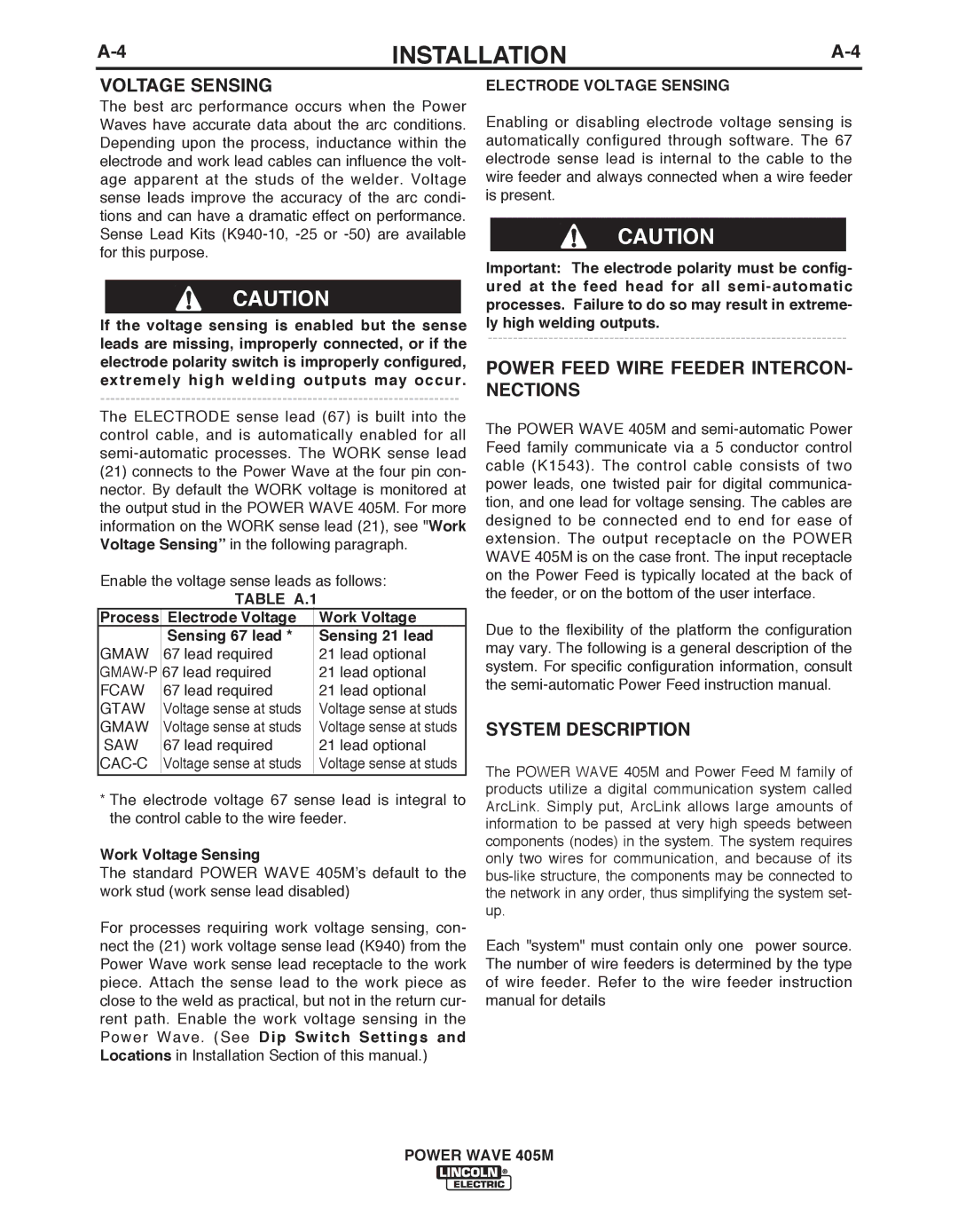 Lincoln Electric IM846-A manual Voltage Sensing, Power Feed Wire Feeder INTERCON- Nections, System Description 