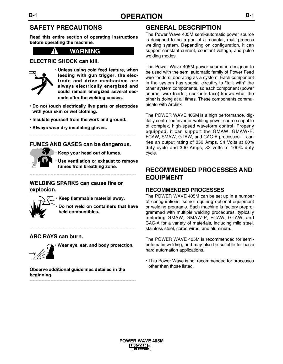 Lincoln Electric IM846-A manual Operation, Safety Precautions, General Description, Recommended Processes and Equipment 