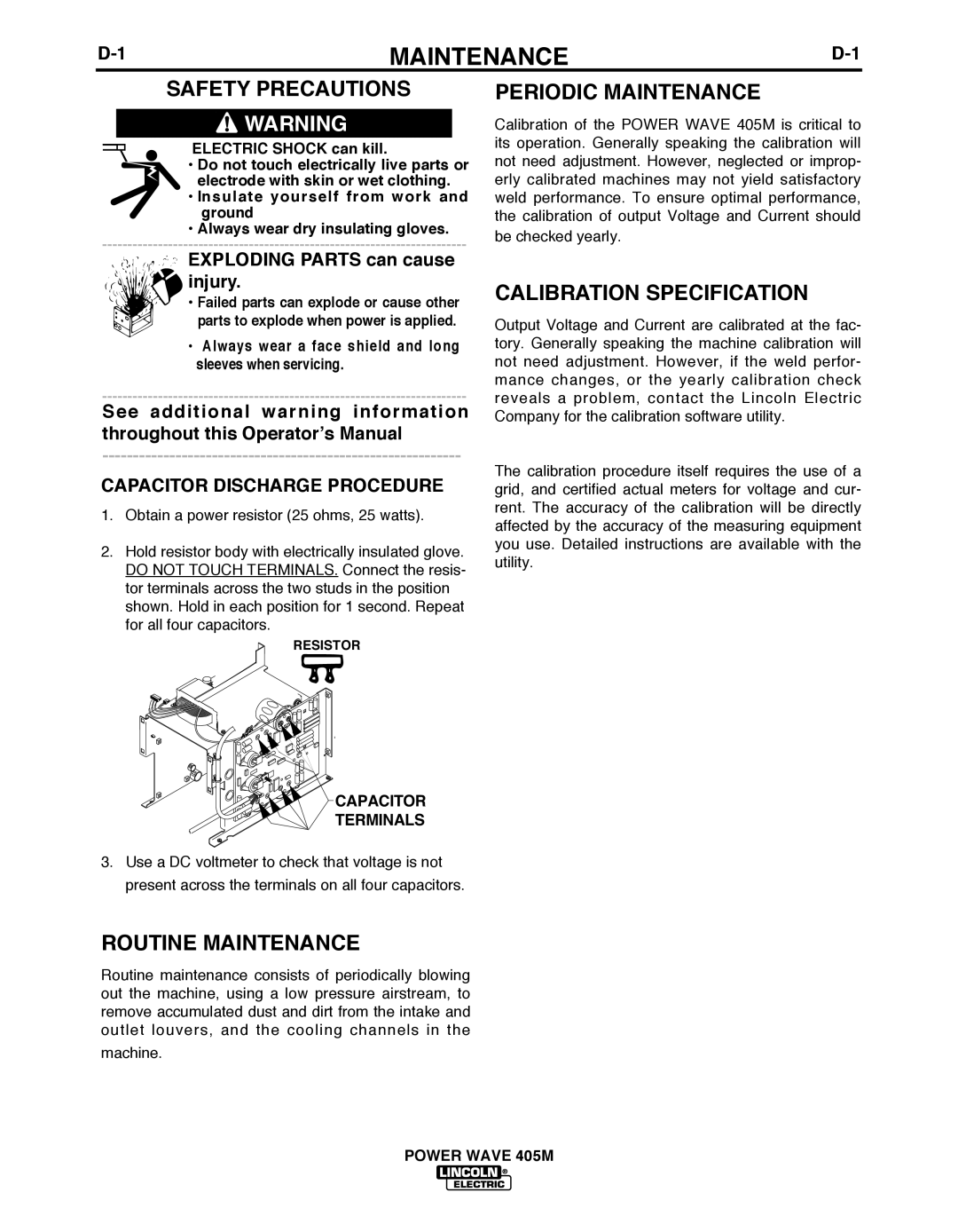 Lincoln Electric IM846-A manual Safety Precautions, Periodic Maintenance, CALIbRATION SPECIFICATION, Routine Maintenance 