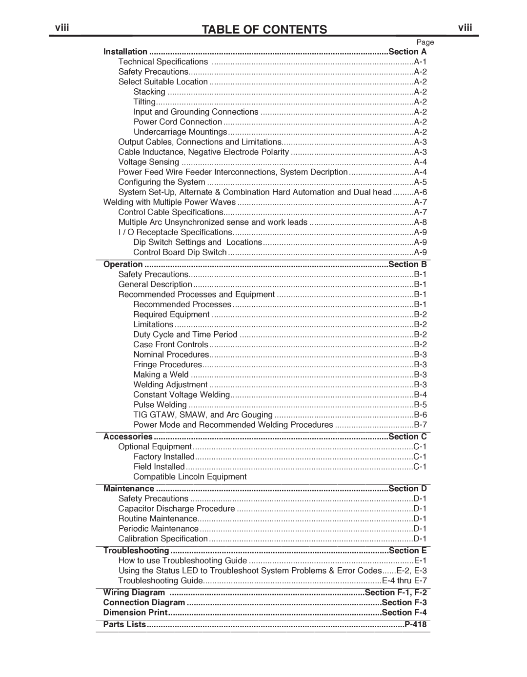 Lincoln Electric IM846-A TAbLE OF CONTENTS, viii, Section A, Section b, Section C, Section D, Section E, Section F-1, F-2 