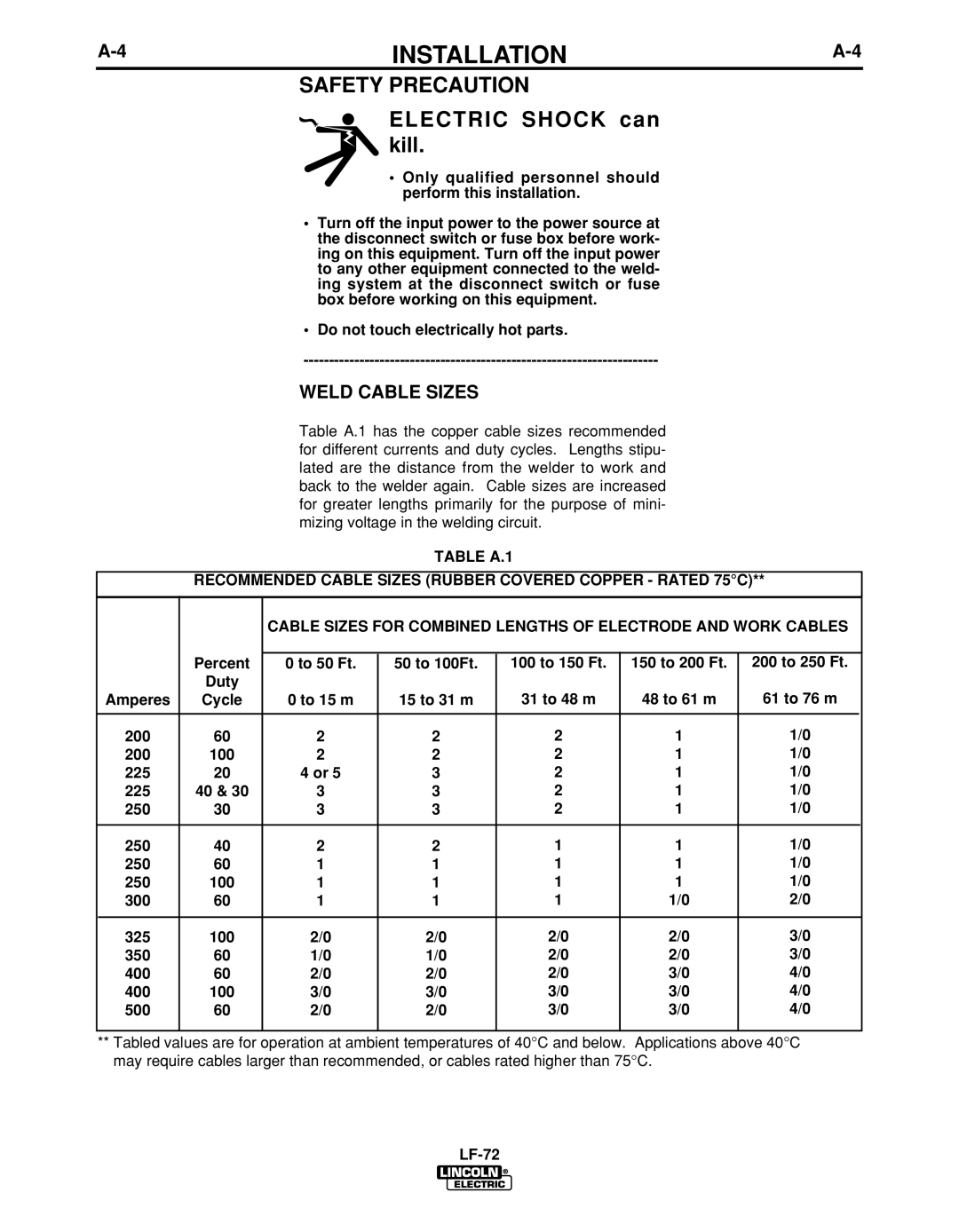 Lincoln Electric IM847-D manual Electric Shock can Kill, Weld Cable Sizes 