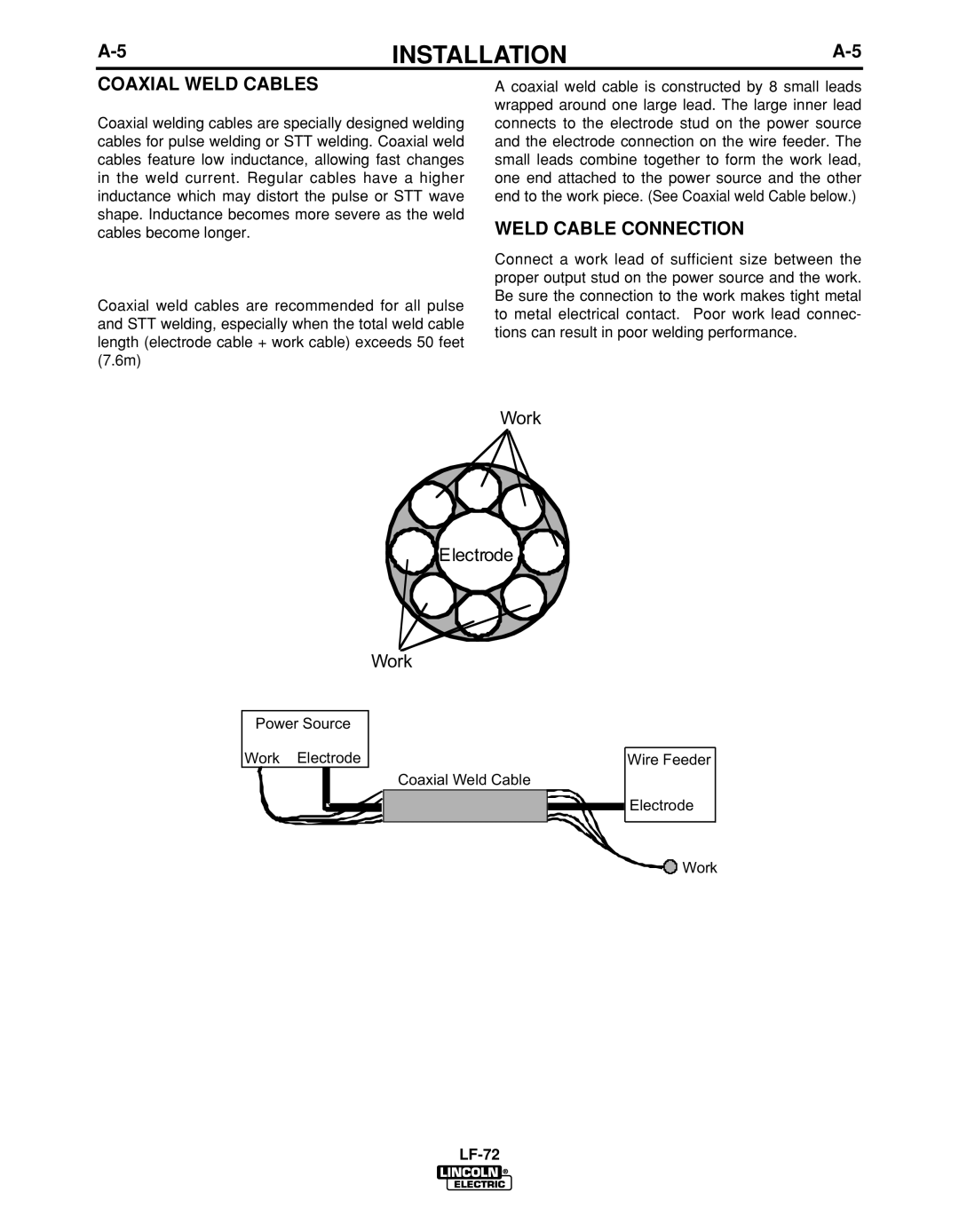 Lincoln Electric IM847-D manual Coaxial Weld Cables, Weld Cable Connection 