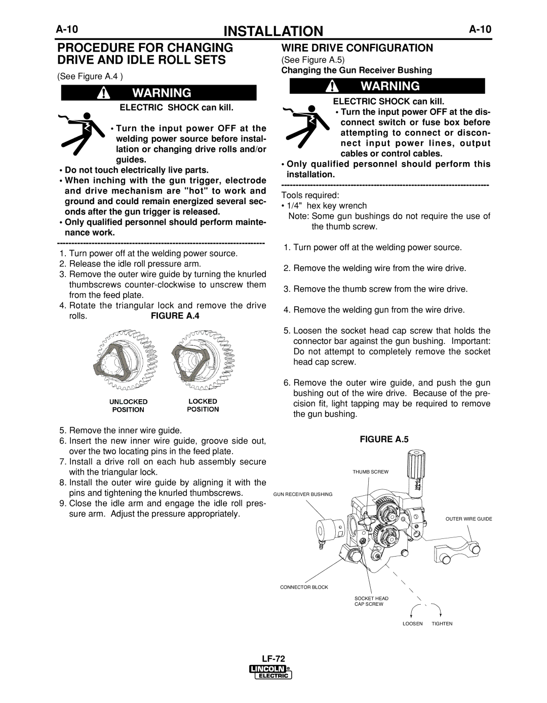 Lincoln Electric IM847-D manual Procedure for Changing Drive and Idle Roll Sets, Wire Drive Configuration 