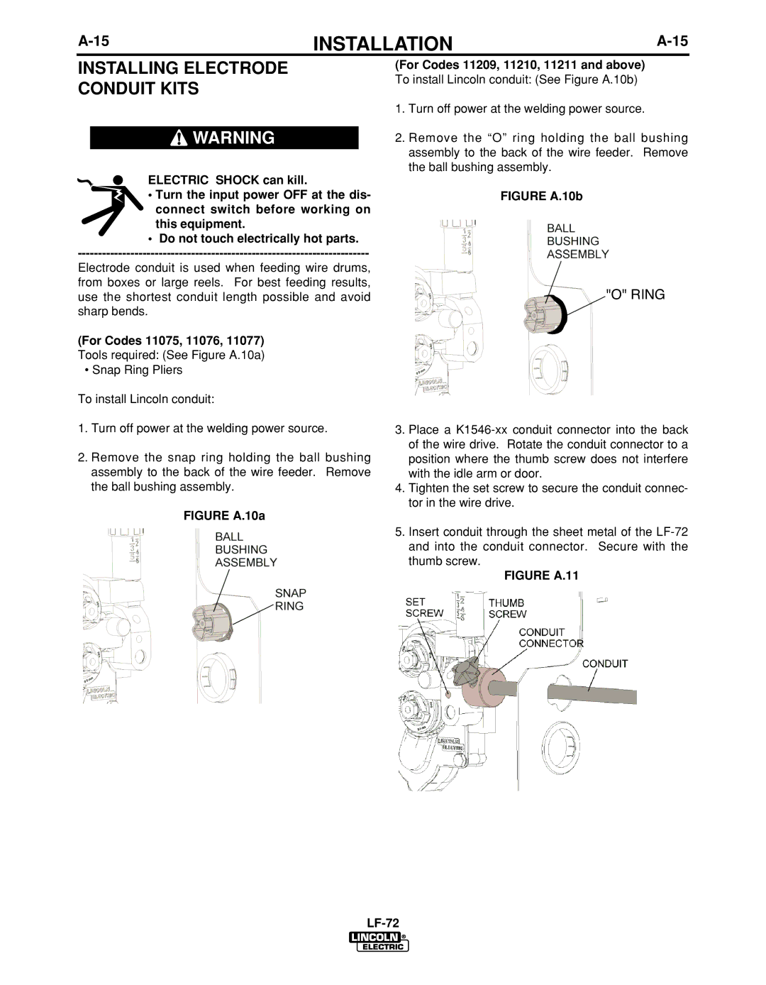 Lincoln Electric IM847-D manual Installing Electrode Conduit Kits, Figure A.10a For Codes 11209, 11210, 11211 and above 