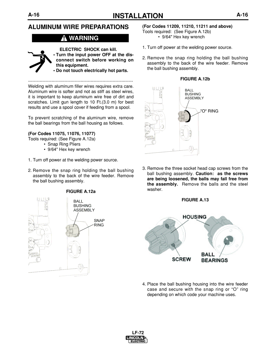 Lincoln Electric IM847-D manual Aluminum Wire Preparations, Figure A.12a For Codes 11209, 11210, 11211 and above 