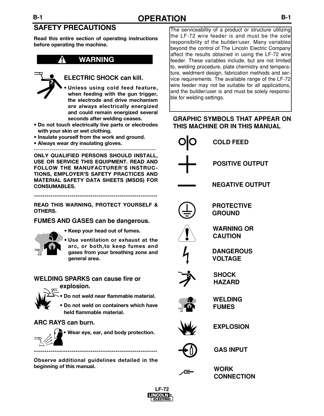 Lincoln Electric IM847-D manual Operation, Safety Precautions 