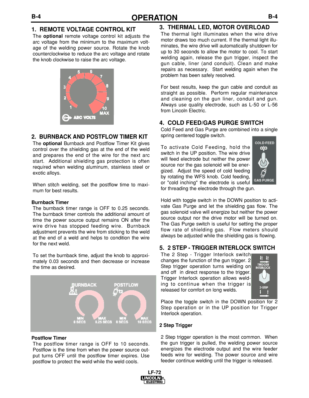 Lincoln Electric IM847-D manual Remote Voltage Control KIT, Burnback and Postflow Timer KIT, Thermal LED, Motor Overload 