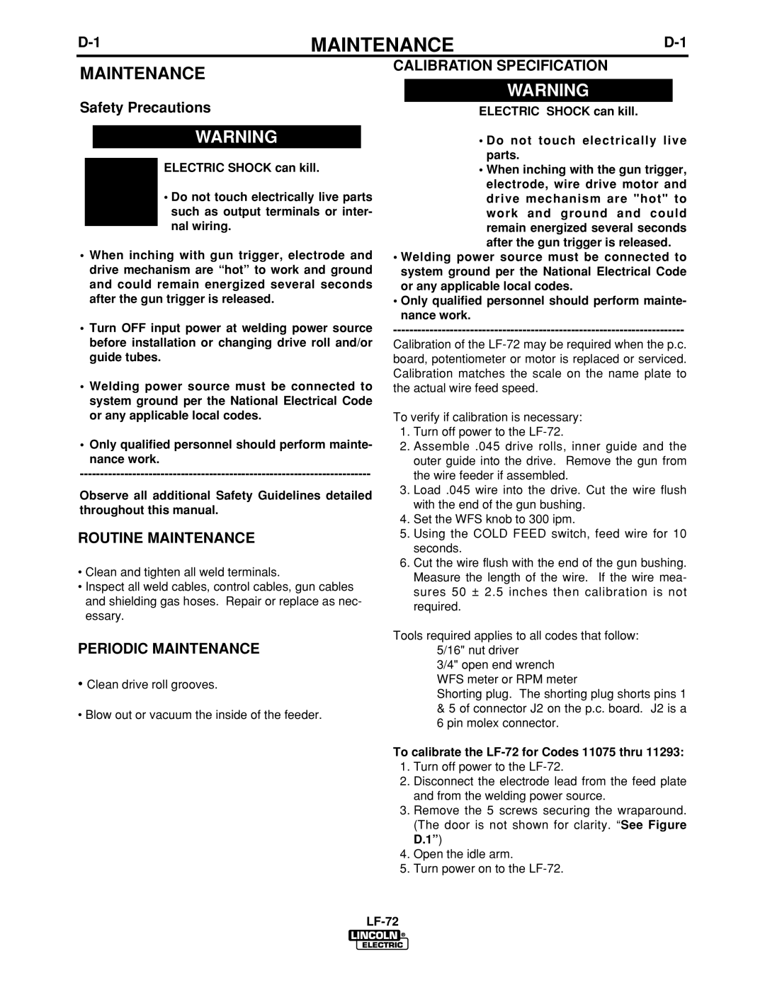 Lincoln Electric IM847-D manual Routine Maintenance, Periodic Maintenance, Calibration Specification 