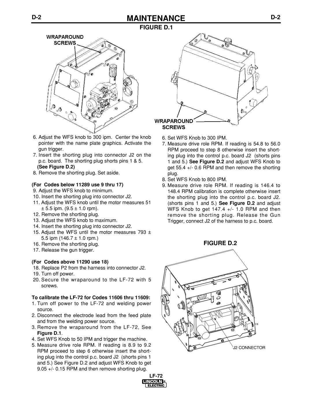 Lincoln Electric IM847-D manual See Figure D.2, For Codes below 11289 use 9 thru, For Codes above 11290 use 