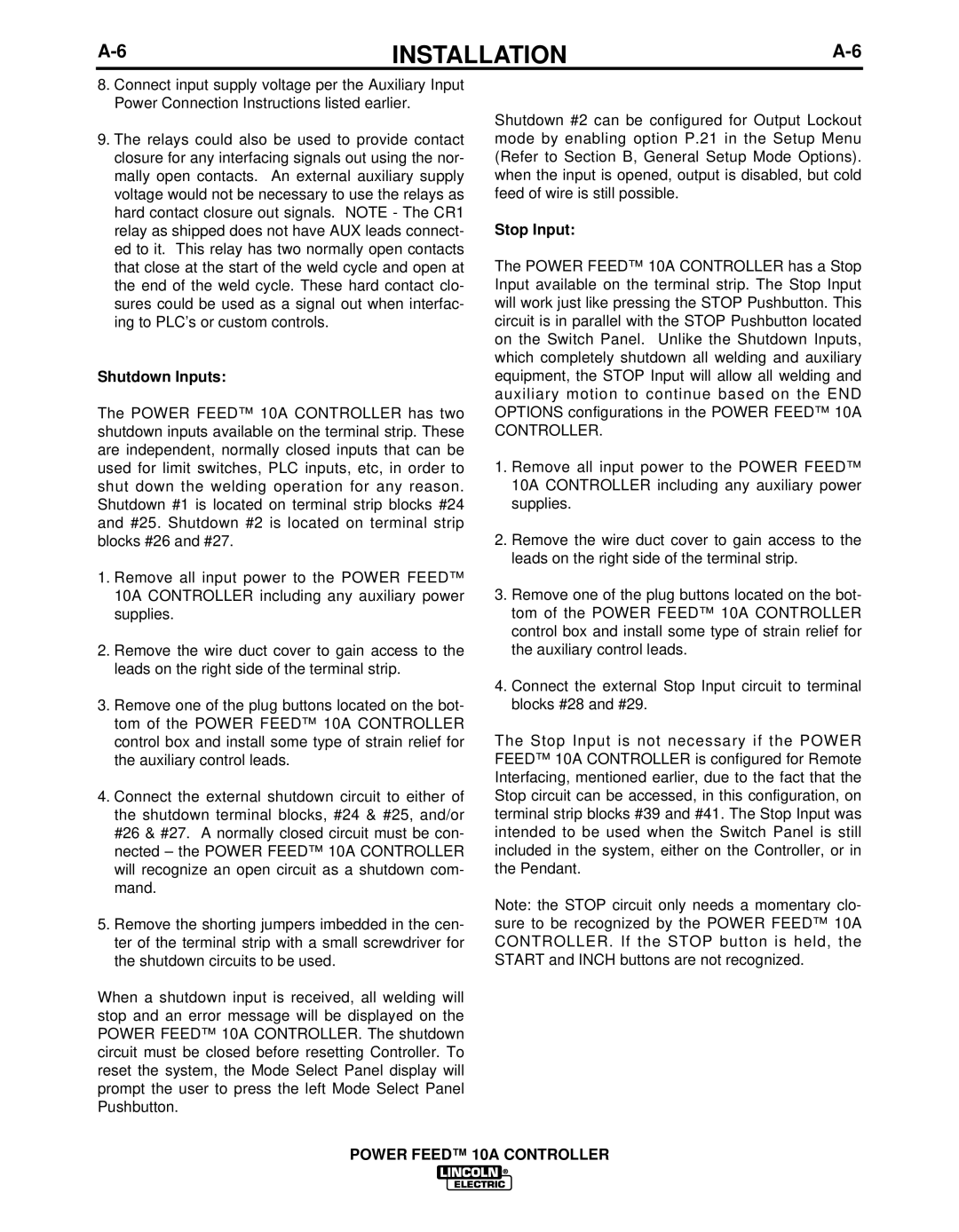 Lincoln Electric IM849 manual Shutdown Inputs, Stop Input 