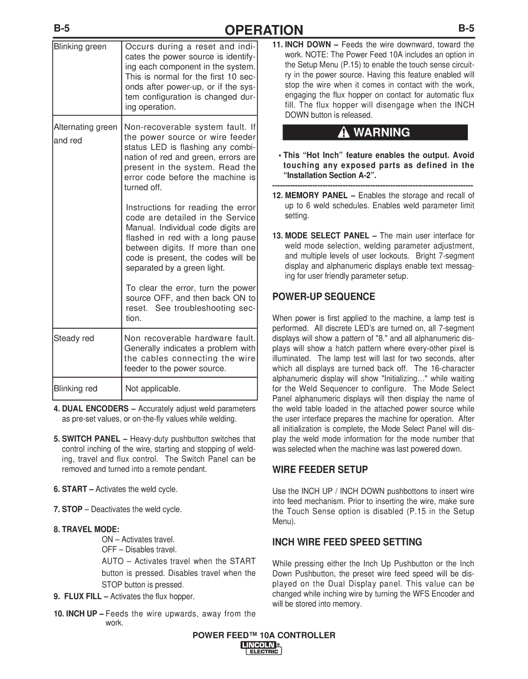 Lincoln Electric IM849 manual POWER-UP Sequence, Wire Feeder Setup, Inch Wire Feed Speed Setting, Travel Mode 