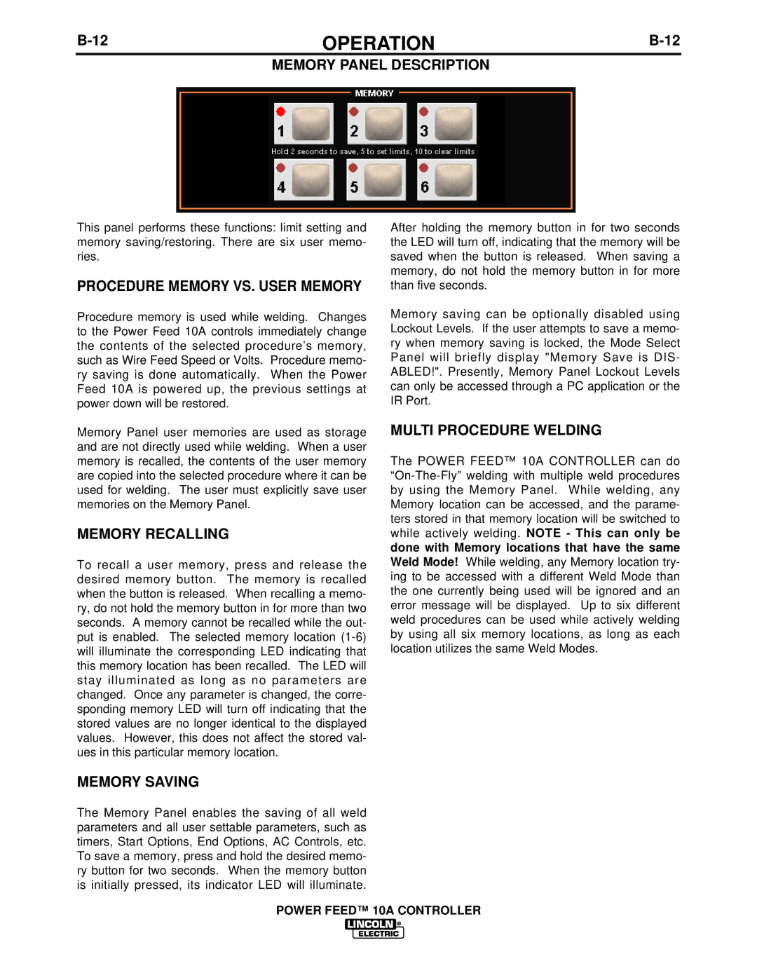 Lincoln Electric IM849 manual Procedure Memory VS. User Memory, Memory Recalling, Multi Procedure Welding, Memory Saving 