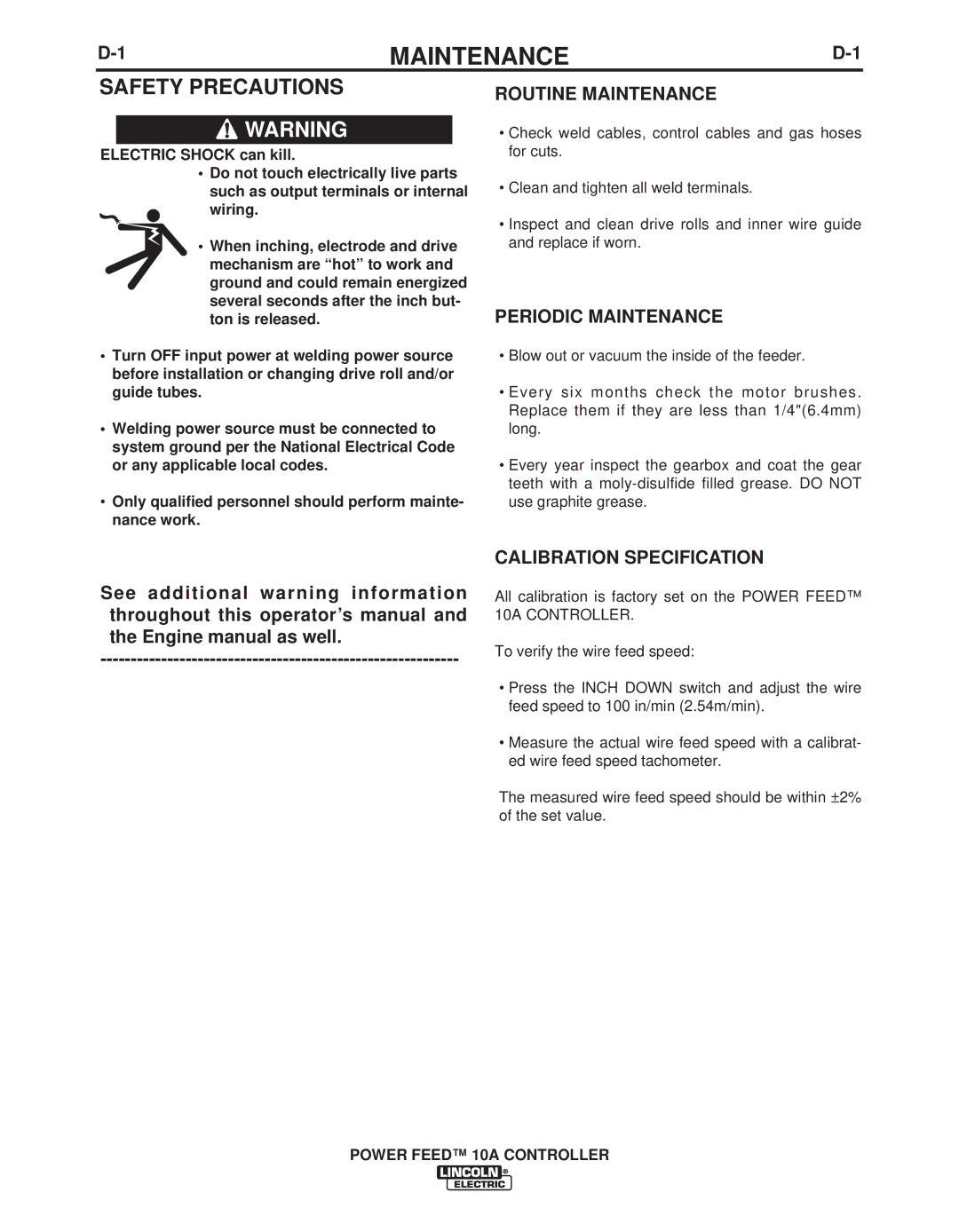 Lincoln Electric IM849 manual Safety Precautions, Routine Maintenance, Periodic Maintenance, Calibration Specification 