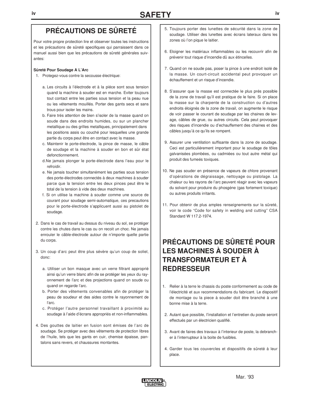 Lincoln Electric IM849 manual Précautions DE Sûreté, Sûreté Pour Soudage a L’Arc 