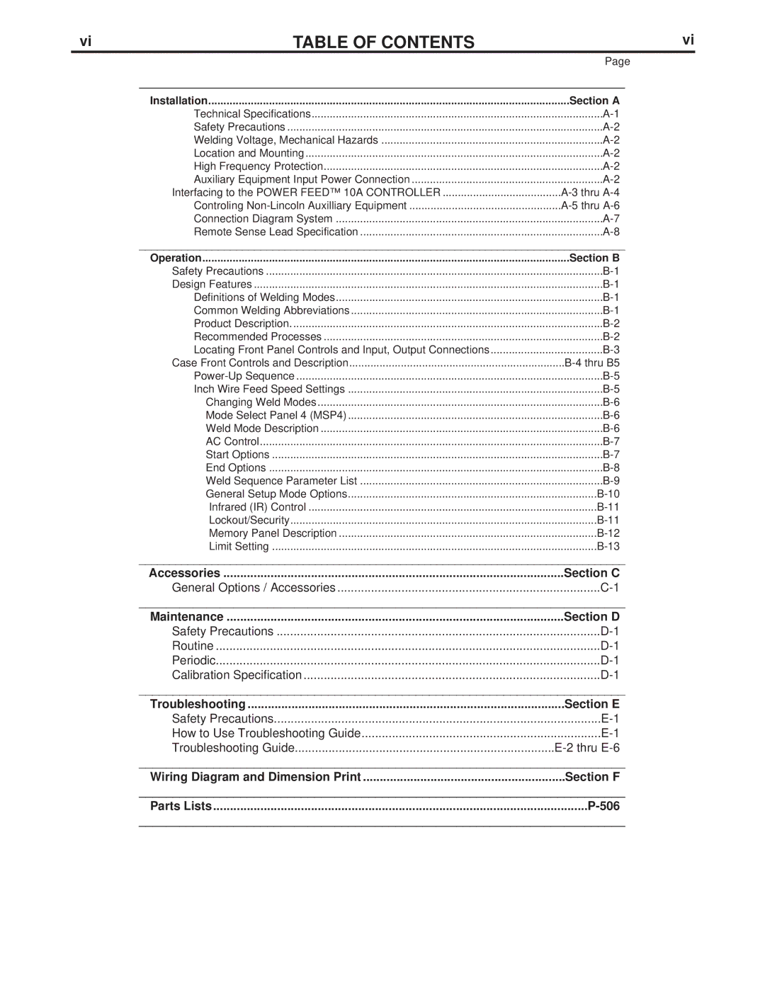 Lincoln Electric IM849 manual Table of Contents 