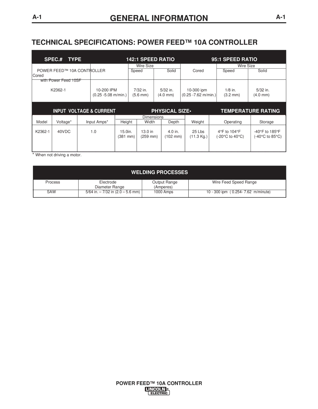 Lincoln Electric IM849 manual General Information, Technical Specifications Power Feed 10A Controller 