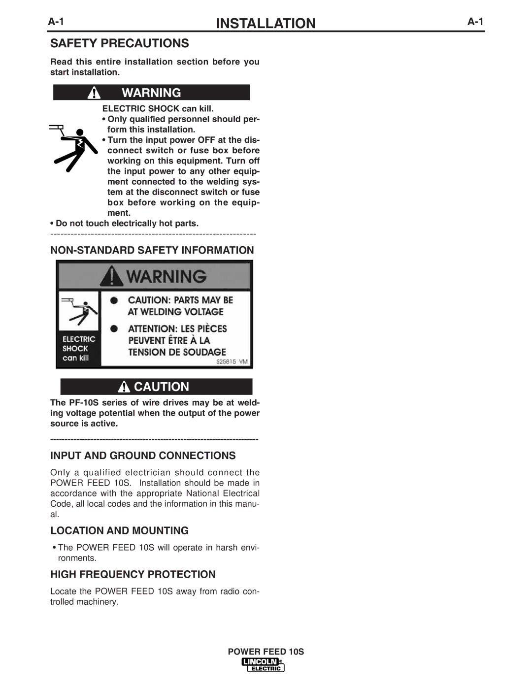 Lincoln Electric IM850-A manual Installation, NON-STANDARD Safety Information, Input and Ground Connections 