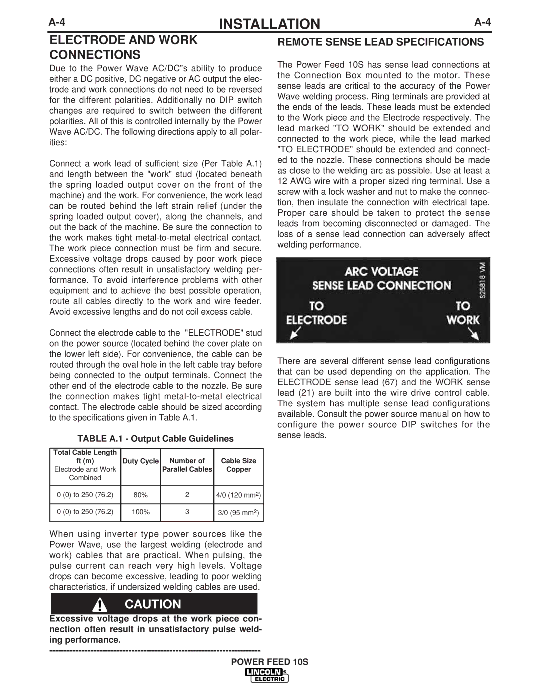 Lincoln Electric IM850-A manual Electrode and Work Connections, Remote Sense Lead Specifications 