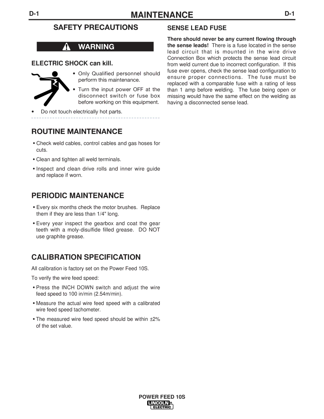 Lincoln Electric IM850-A manual Periodic Maintenance, Calibration Specification, Sense Lead Fuse 