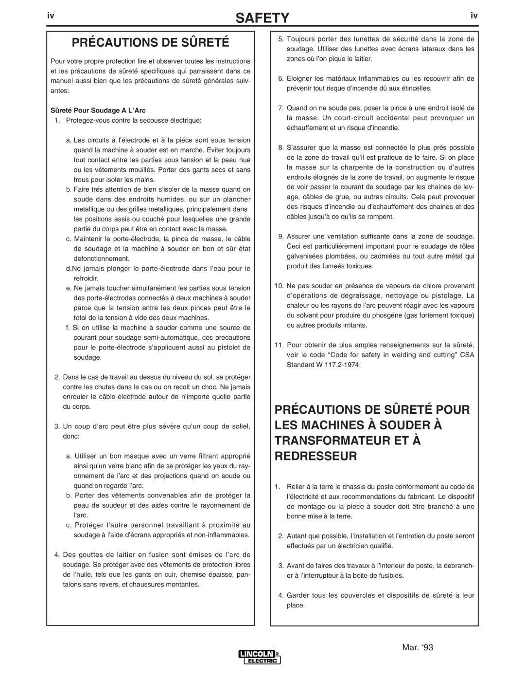 Lincoln Electric IM850-A manual Précautions DE Sûreté, Sûreté Pour Soudage a L’Arc 