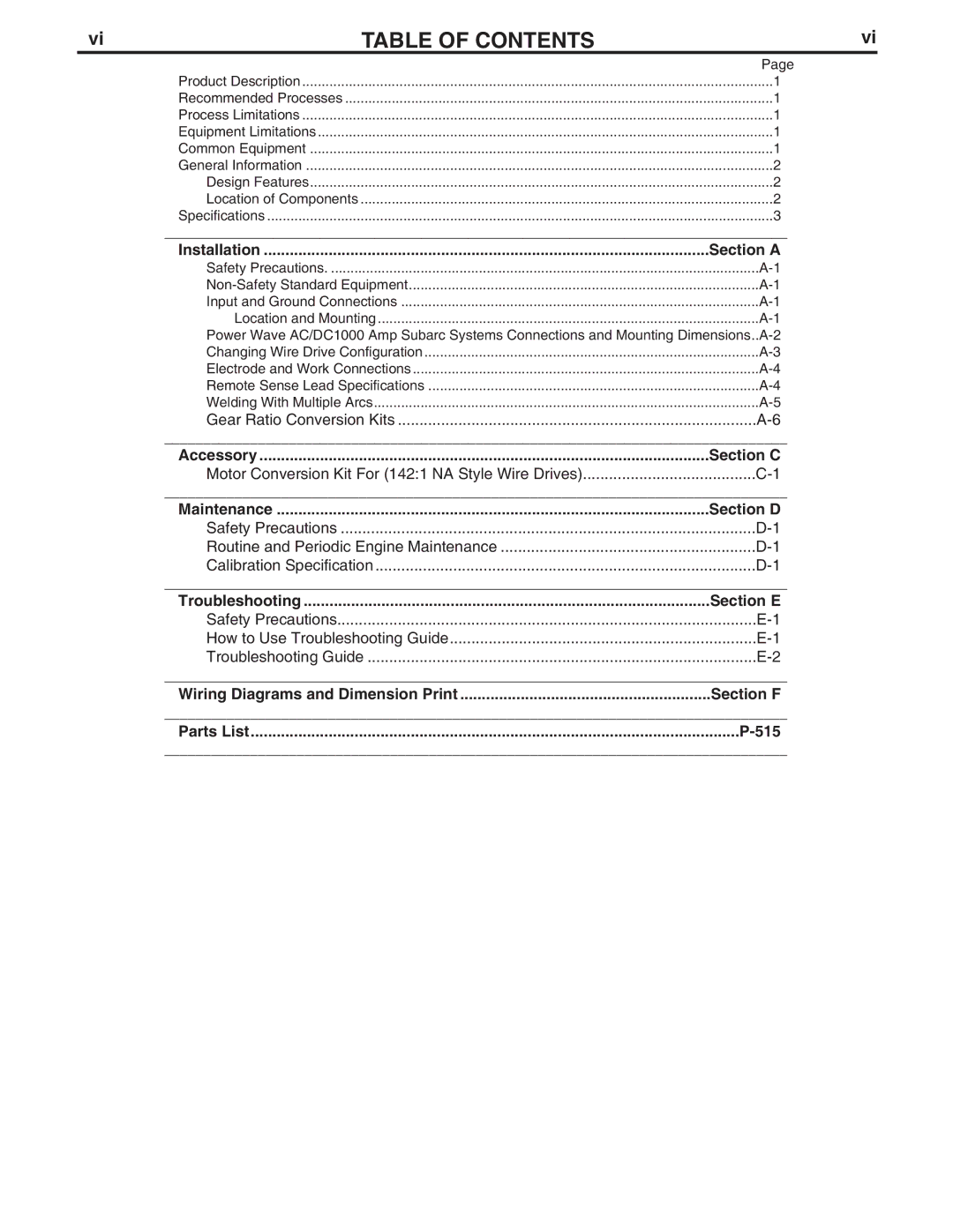 Lincoln Electric IM850-A manual Table of Contents 
