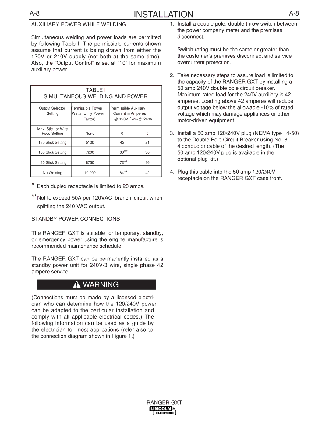 Lincoln Electric IM856 manual Auxiliary Power While Welding, Simultaneous Welding and Power, Standby Power Connections 