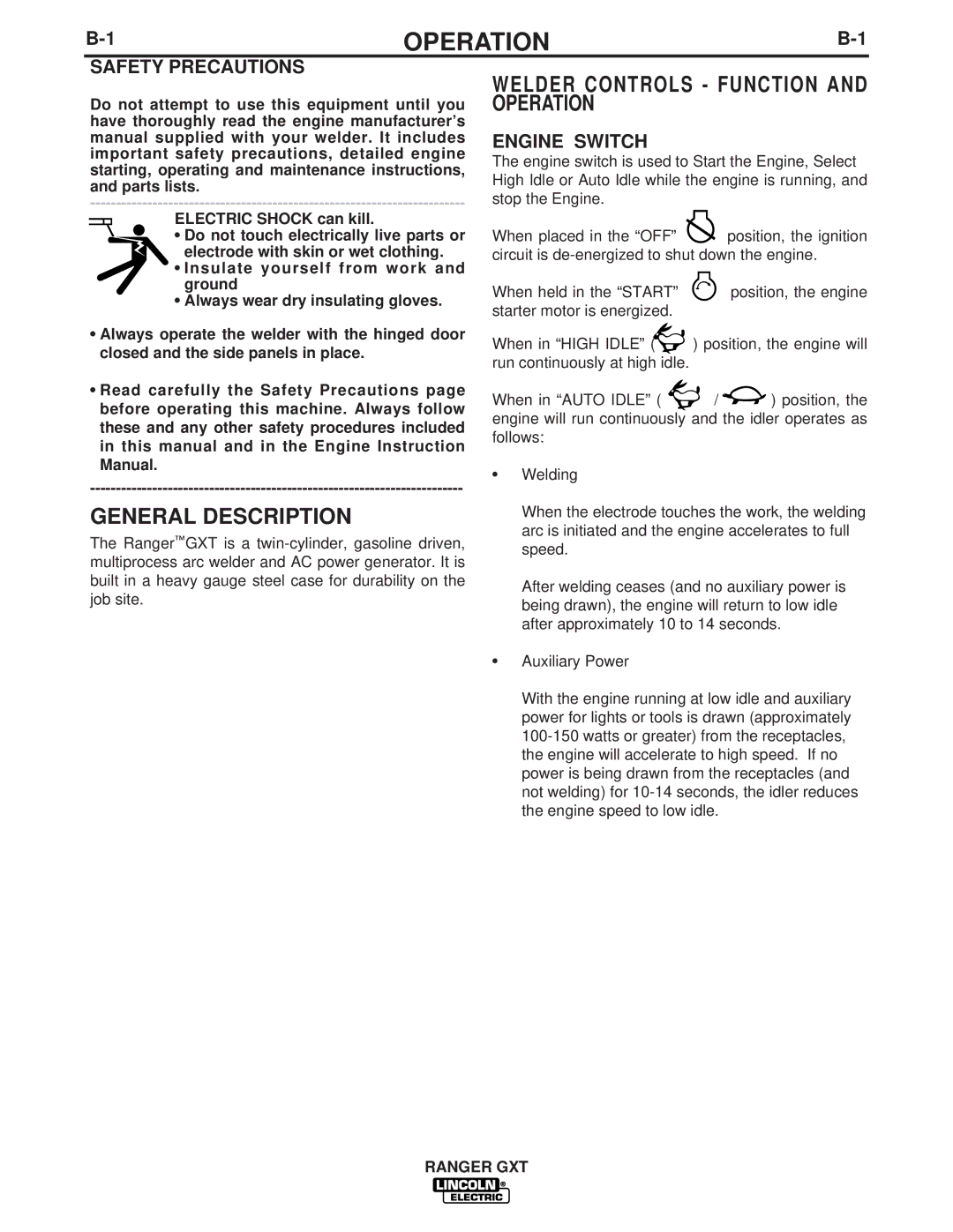 Lincoln Electric IM856 manual General Description, Welder Controls Function and Operation, Engine Switch 