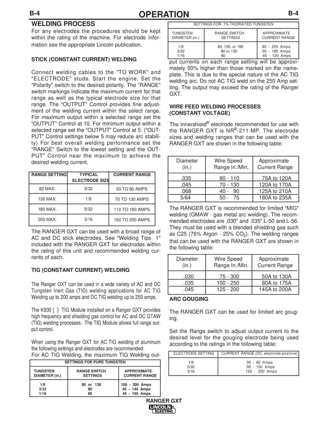 Lincoln Electric IM856 manual Welding Process, Stick Constant Current Welding, TIG Constant Current Welding, ARC Gouging 