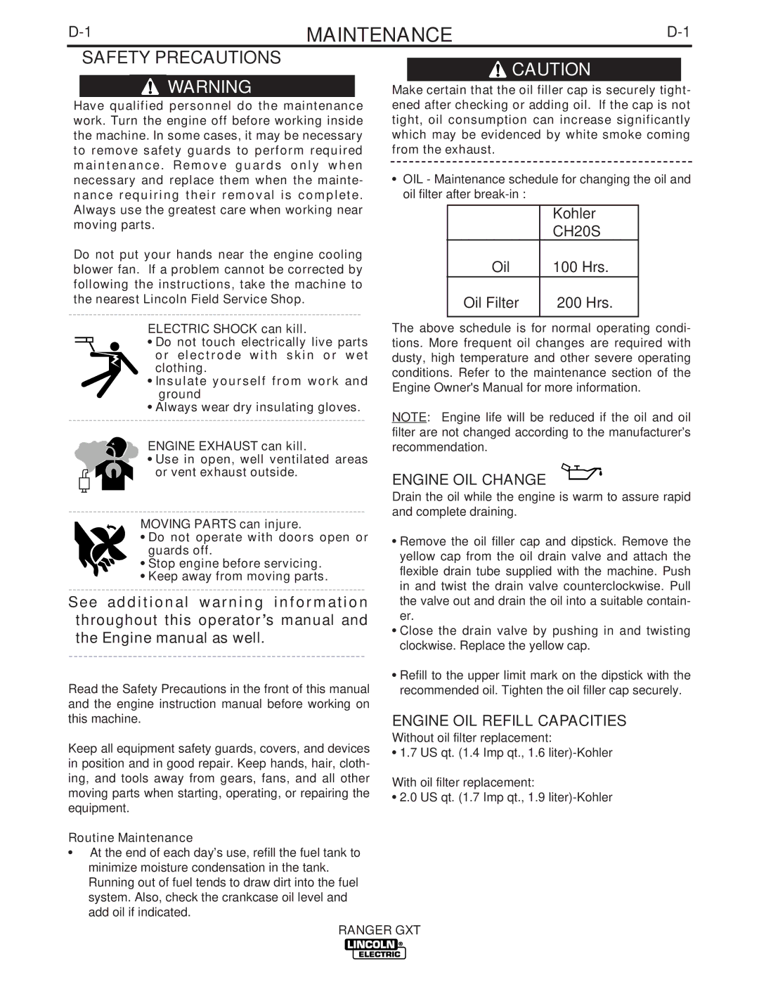 Lincoln Electric IM856 manual Maintenance, Safety Precautions, Engine OIL Change, Engine OIL Refill Capacities 