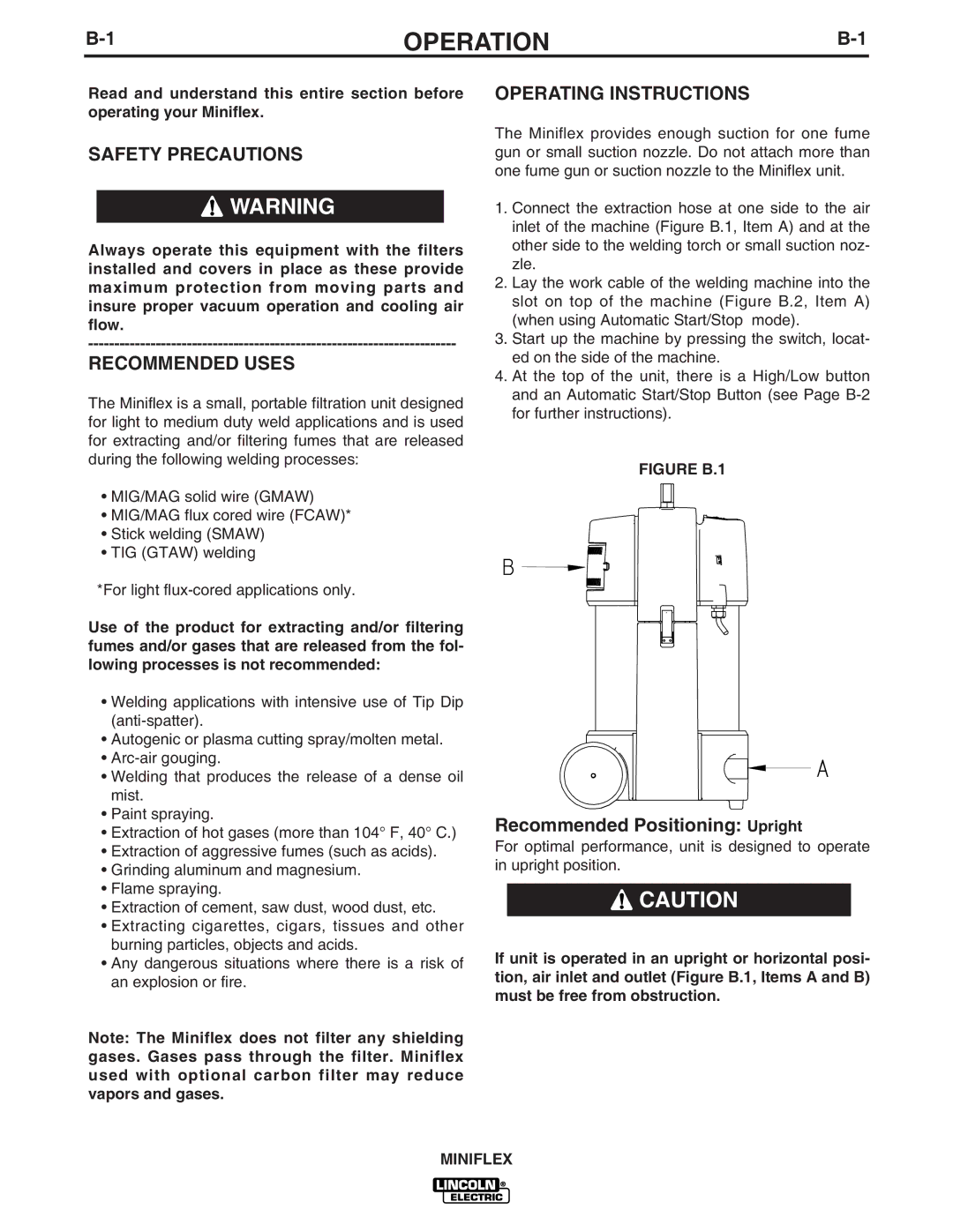 Lincoln Electric IM857 manual Operation, Safety Precautions, Recommended Uses, Operating Instructions 