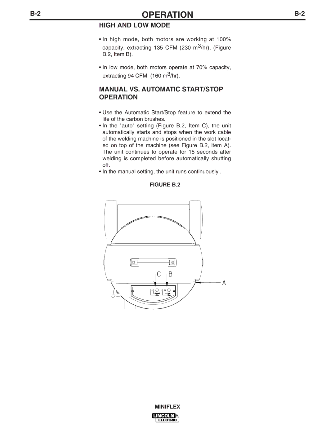 Lincoln Electric IM857 manual High and LOW Mode, Manual VS. Automatic START/STOP Operation 