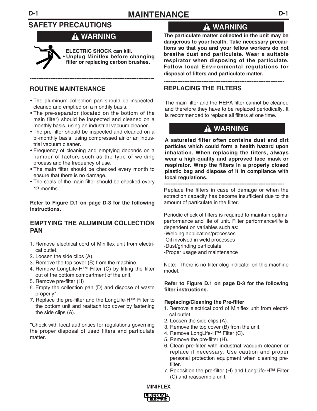 Lincoln Electric IM857 manual Safety Precautions, Routine Maintenance, Emptying the Aluminum Collection PAN 