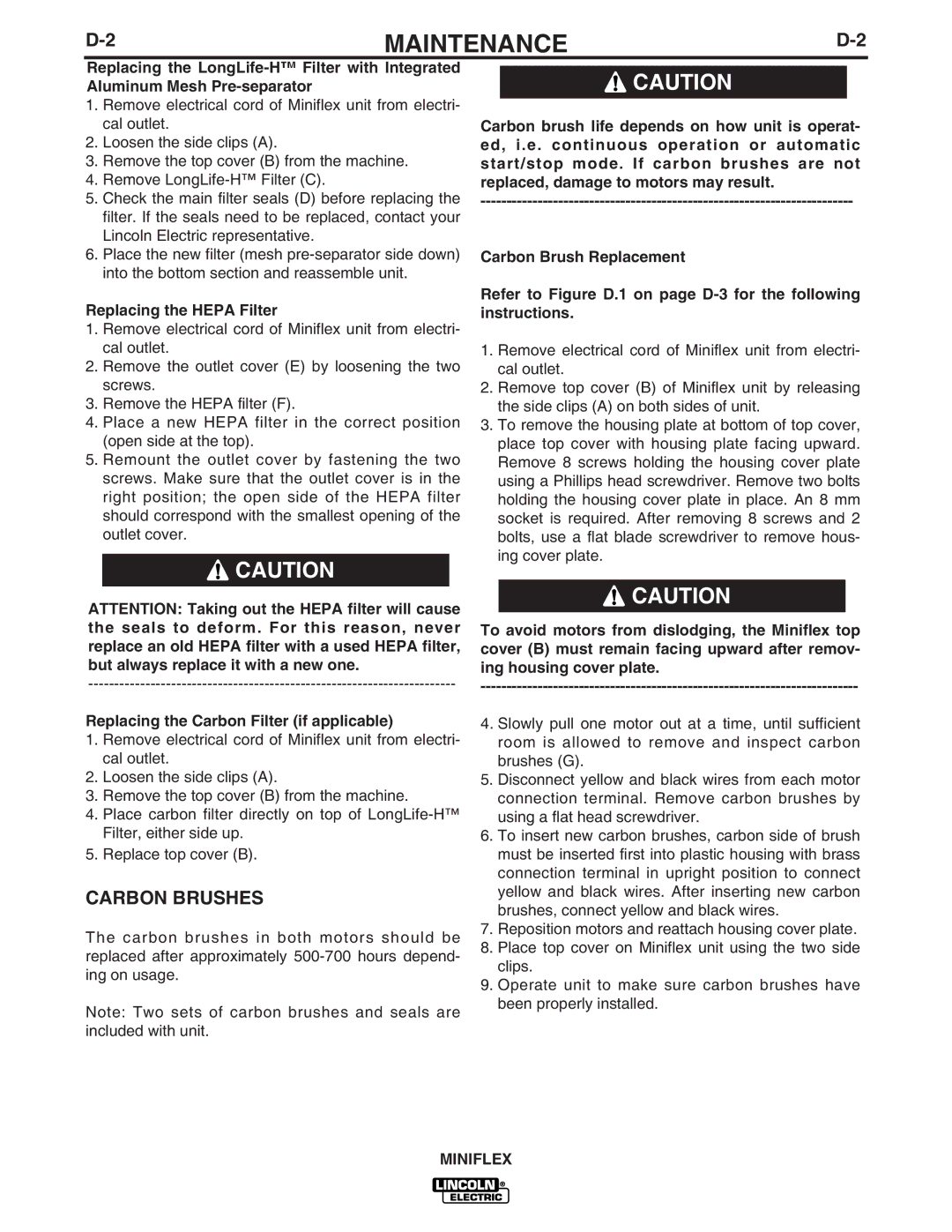 Lincoln Electric IM857 manual Carbon Brushes, Replacing the Hepa Filter, Replacing the Carbon Filter if applicable 