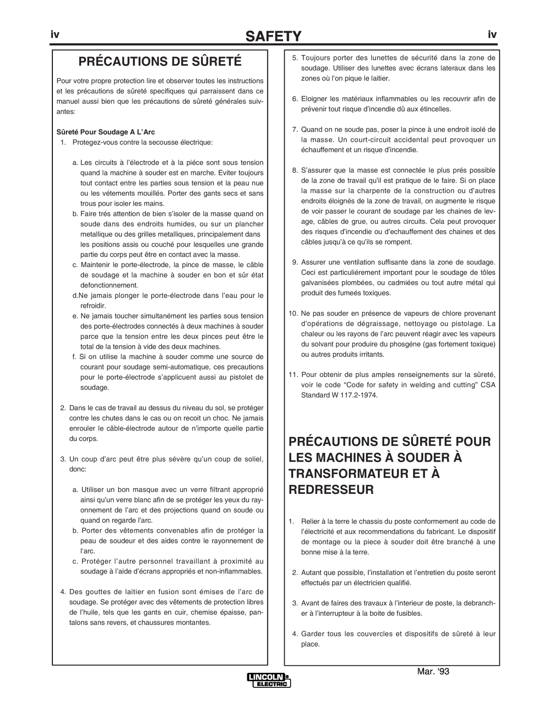 Lincoln Electric IM857 manual Précautions De Sûreté, Safety, Mar. ‘93 