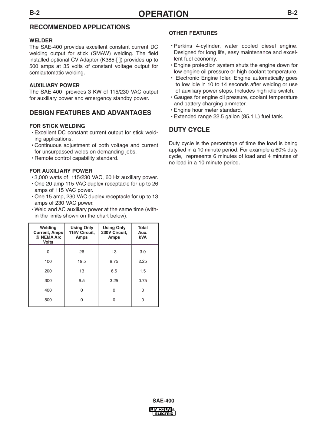 Lincoln Electric IM869-D manual Recommended Applications, Design Features and Advantages, Duty Cycle 