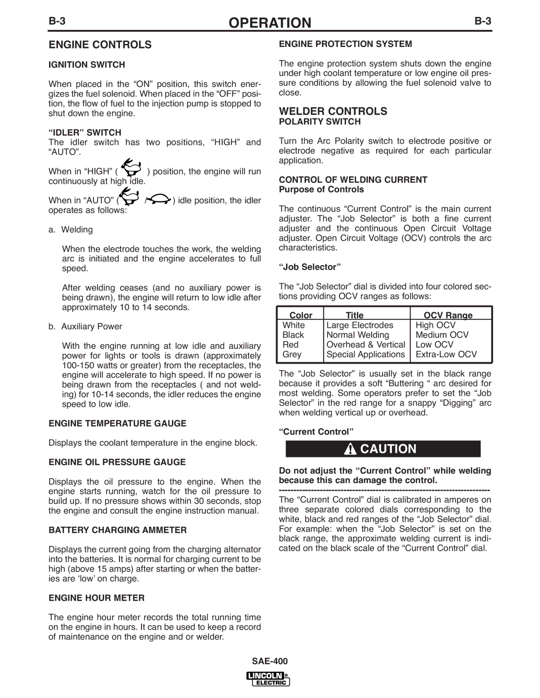 Lincoln Electric IM869-D manual Engine Controls, Welder Controls 