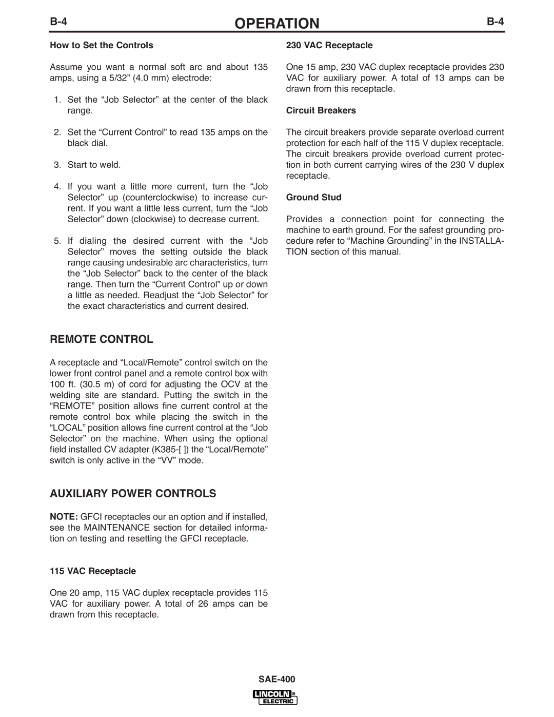 Lincoln Electric IM869-D manual Remote Control, Auxiliary Power Controls 