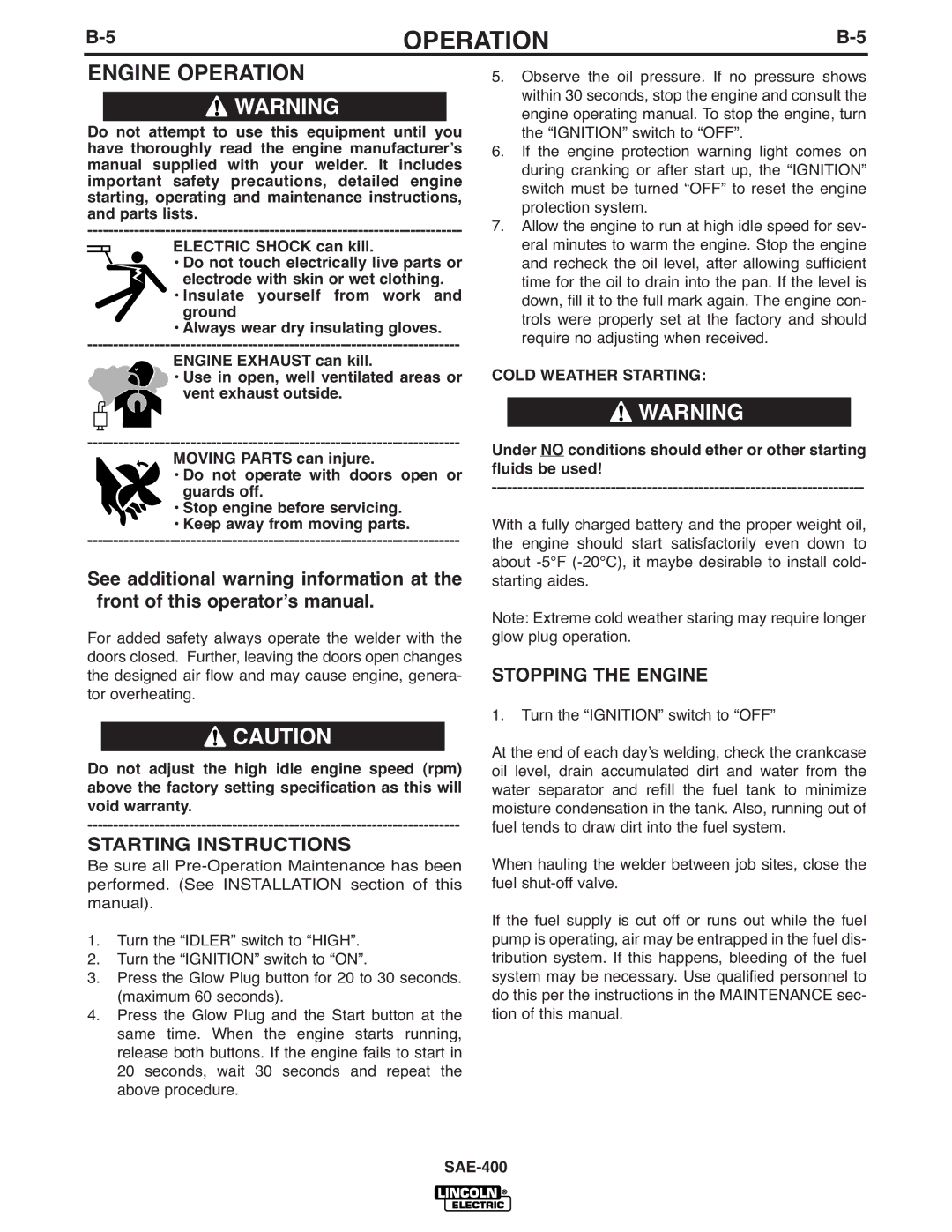 Lincoln Electric IM869-D manual Engine Operation, Starting Instructions, Stopping the Engine, Cold Weather Starting 