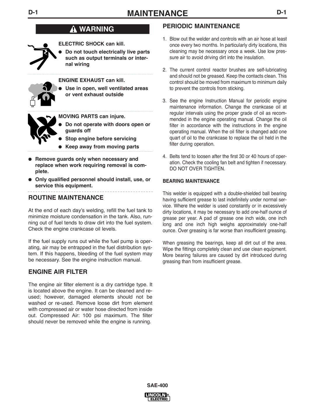 Lincoln Electric IM869-D manual Routine Maintenance, Engine AIR Filter, Periodic Maintenance, Bearing Maintenance 