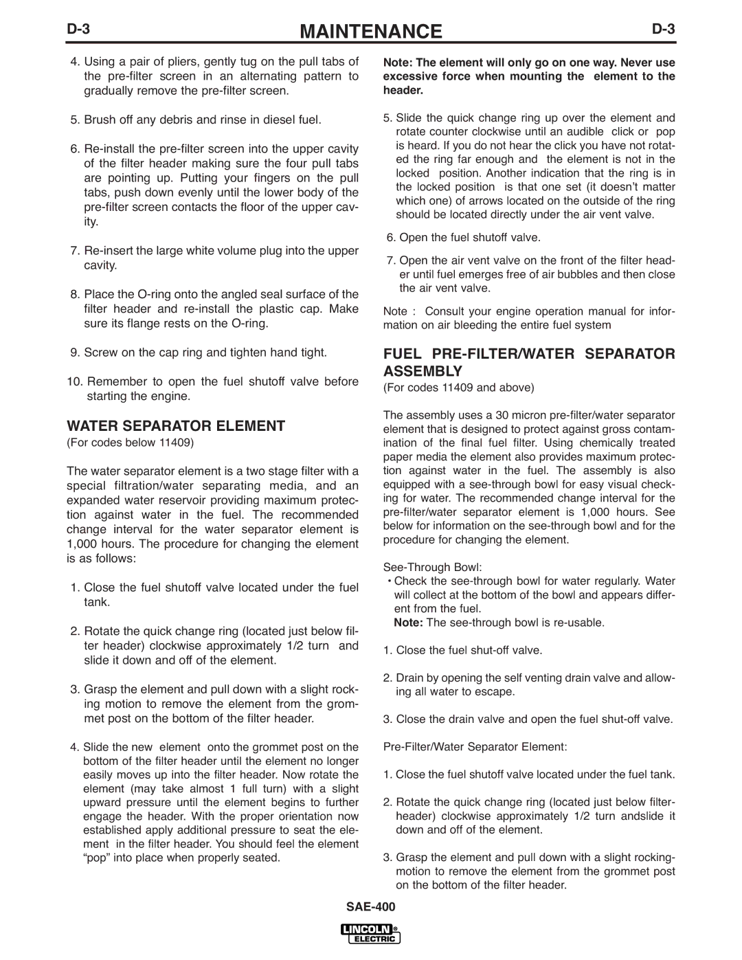 Lincoln Electric IM869-D manual Water Separator Element, Fuel PRE-FILTER/WATER Separator Assembly 