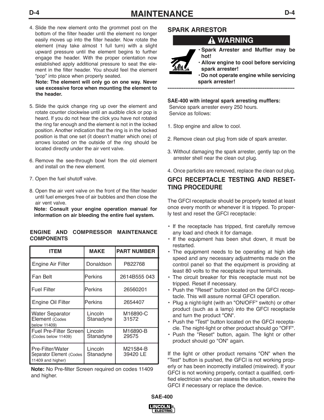 Lincoln Electric IM869-D manual Spark Arrestor, Gfci Receptacle Testing and RESET- Ting Procedure 