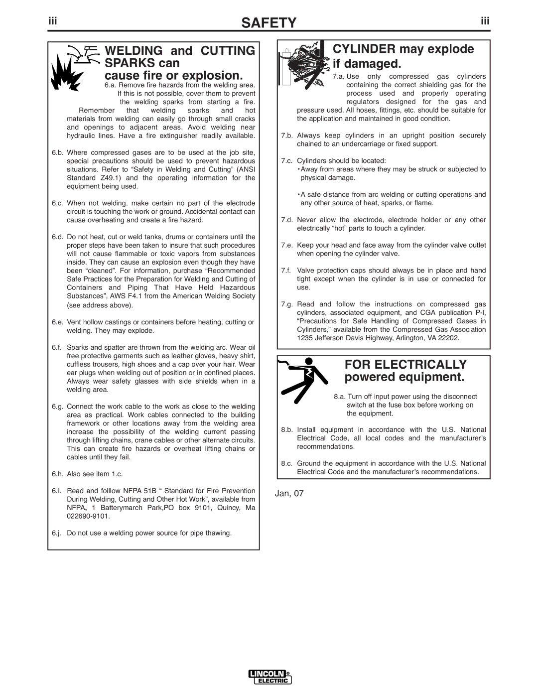 Lincoln Electric IM869-D manual Welding and Cutting Sparks can Cause fire or explosion 