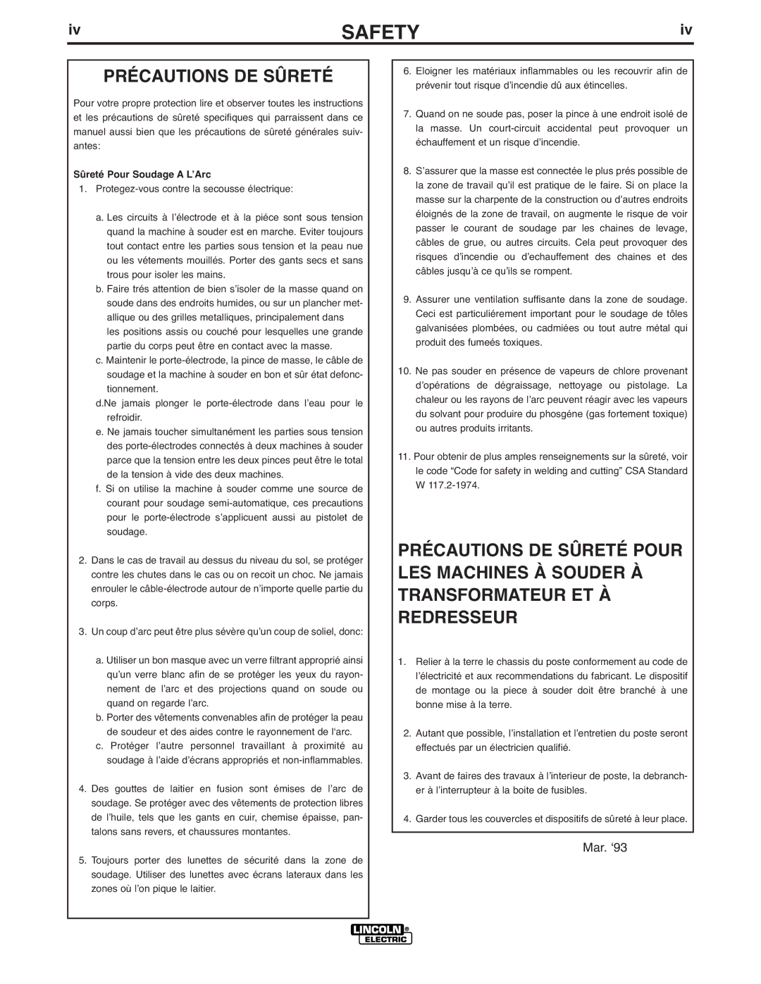 Lincoln Electric IM869-D manual Précautions DE Sûreté, Sûreté Pour Soudage a LʼArc 