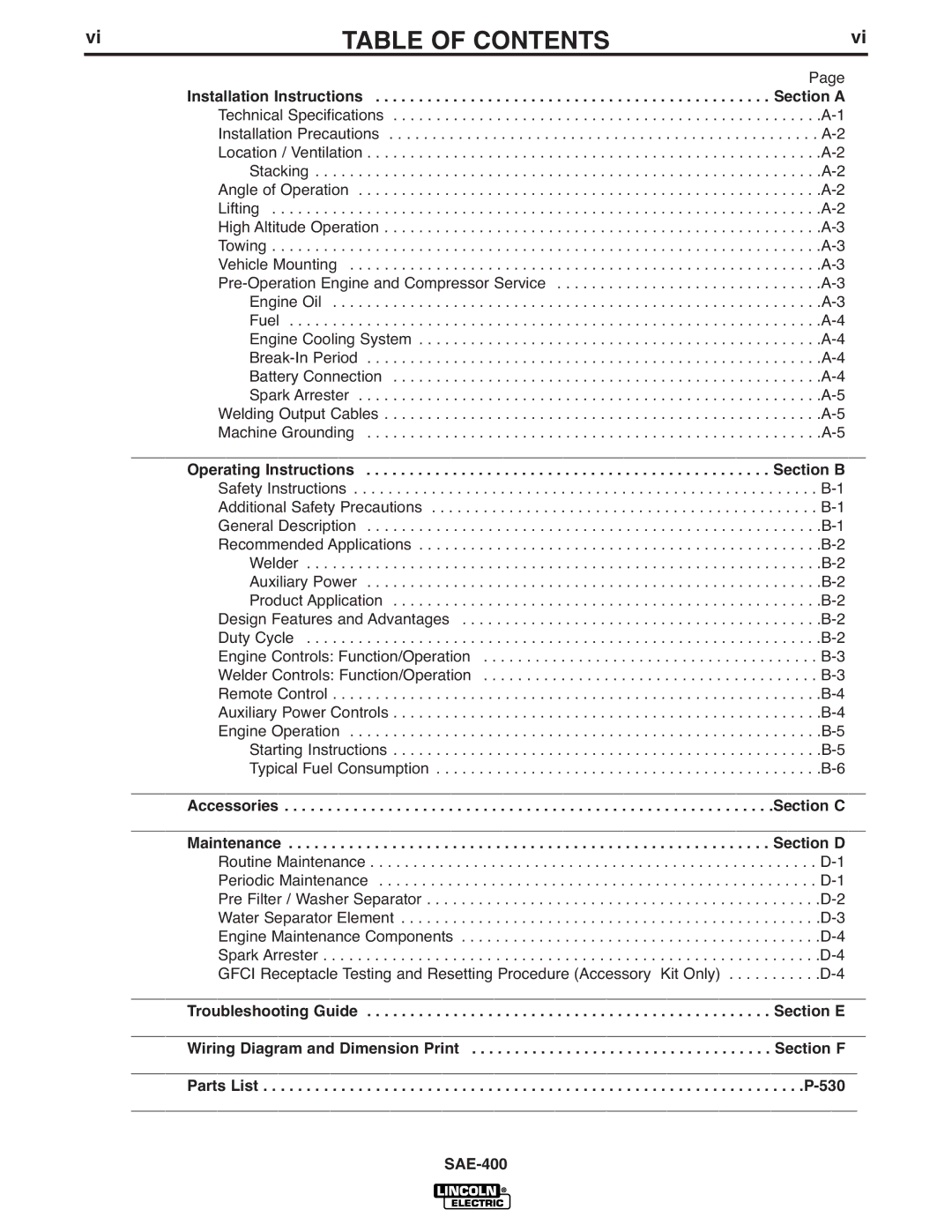 Lincoln Electric IM869-D manual Table of Contents 