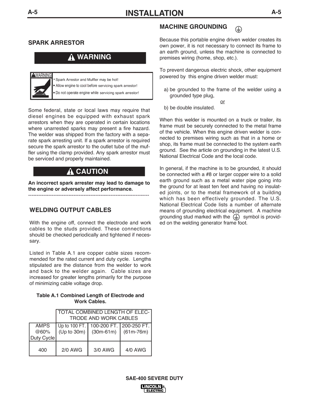 Lincoln Electric IM870-A manual Spark Arrestor, Welding Output Cables, Machine Grounding 