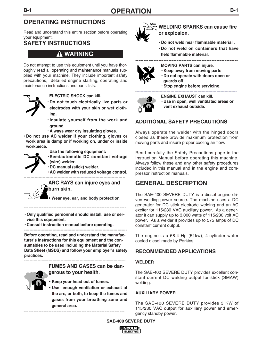 Lincoln Electric IM870-A manual Operation, Operating Instructions, Safety Instructions, General Description 